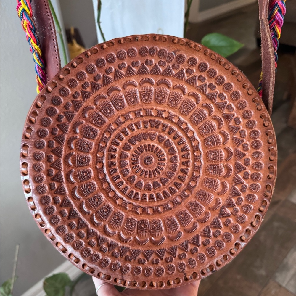 Bohemian Woven Round tooled Leather crossbody with woven Strap NWOT
